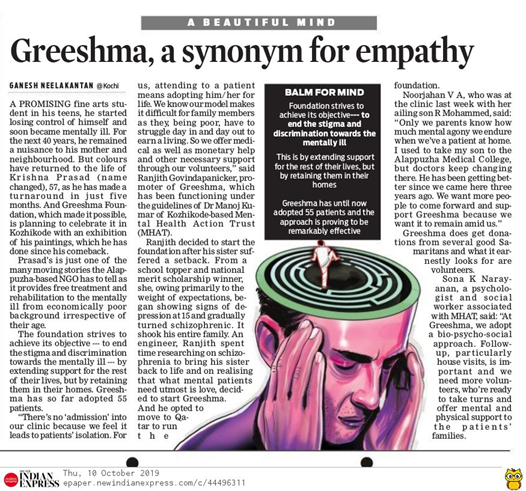 An Article published in Indian Express on 10 Oct 2019, World Mental Health Day